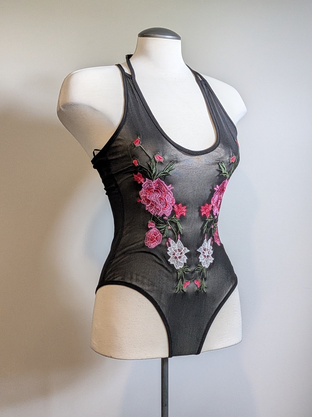 Black Mesh Sheer Bodysuit Floral Embroidery Festival Rave Feminine Flowers